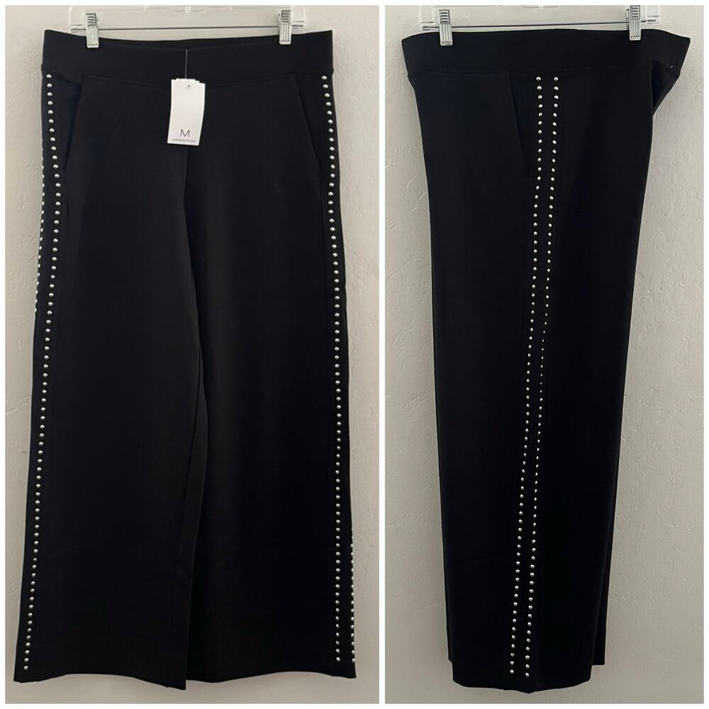 Magaschoni Studded Pants Large Black Wide Leg Pull-On Pockets Stretch NEW